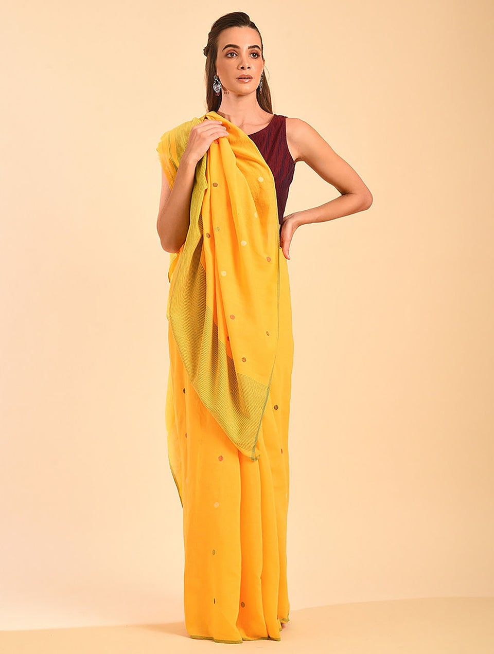 Women Yellow Jamdani Handloom Cotton Saree