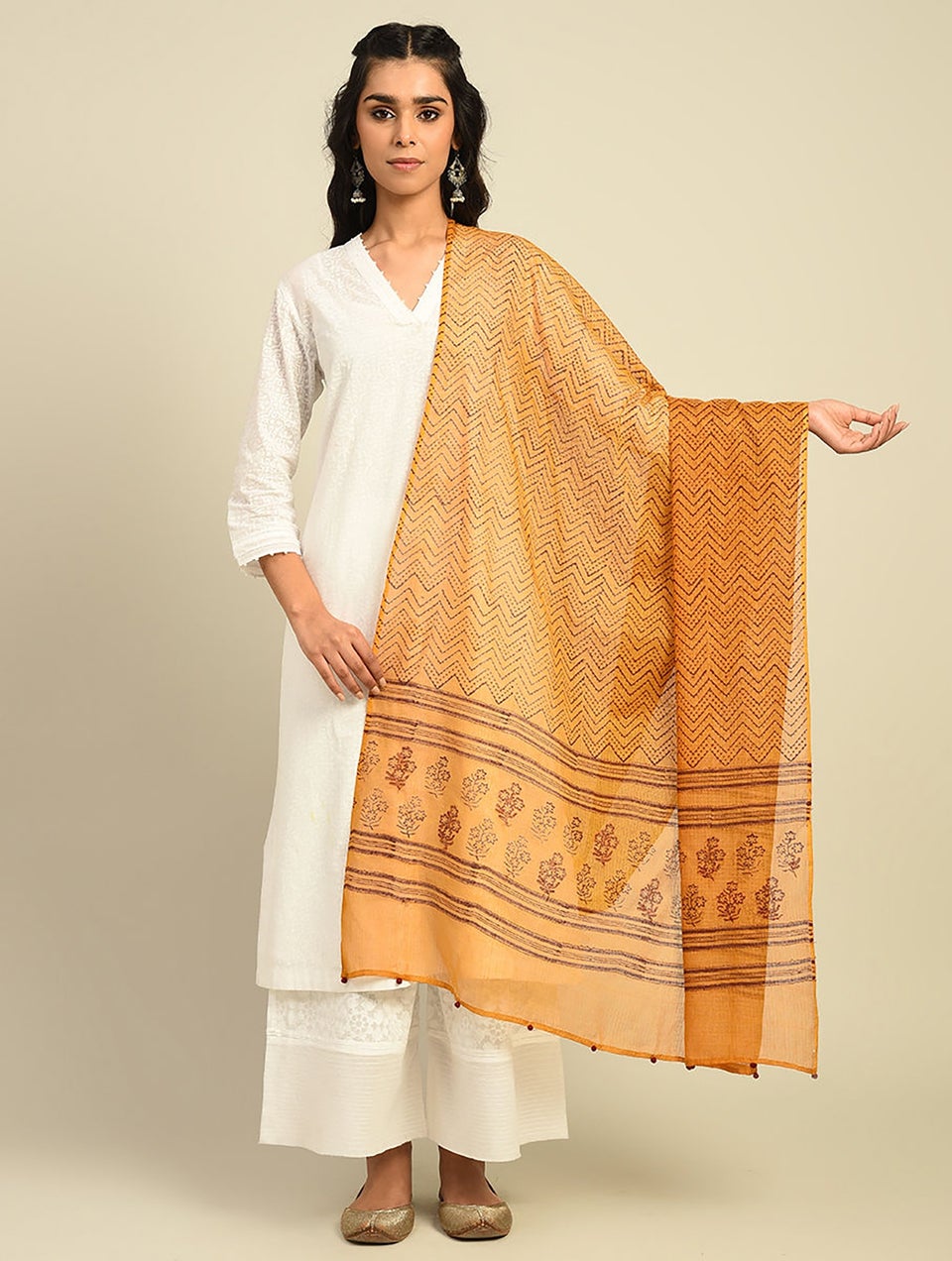 Women Orange Kota Block Print Dupatta