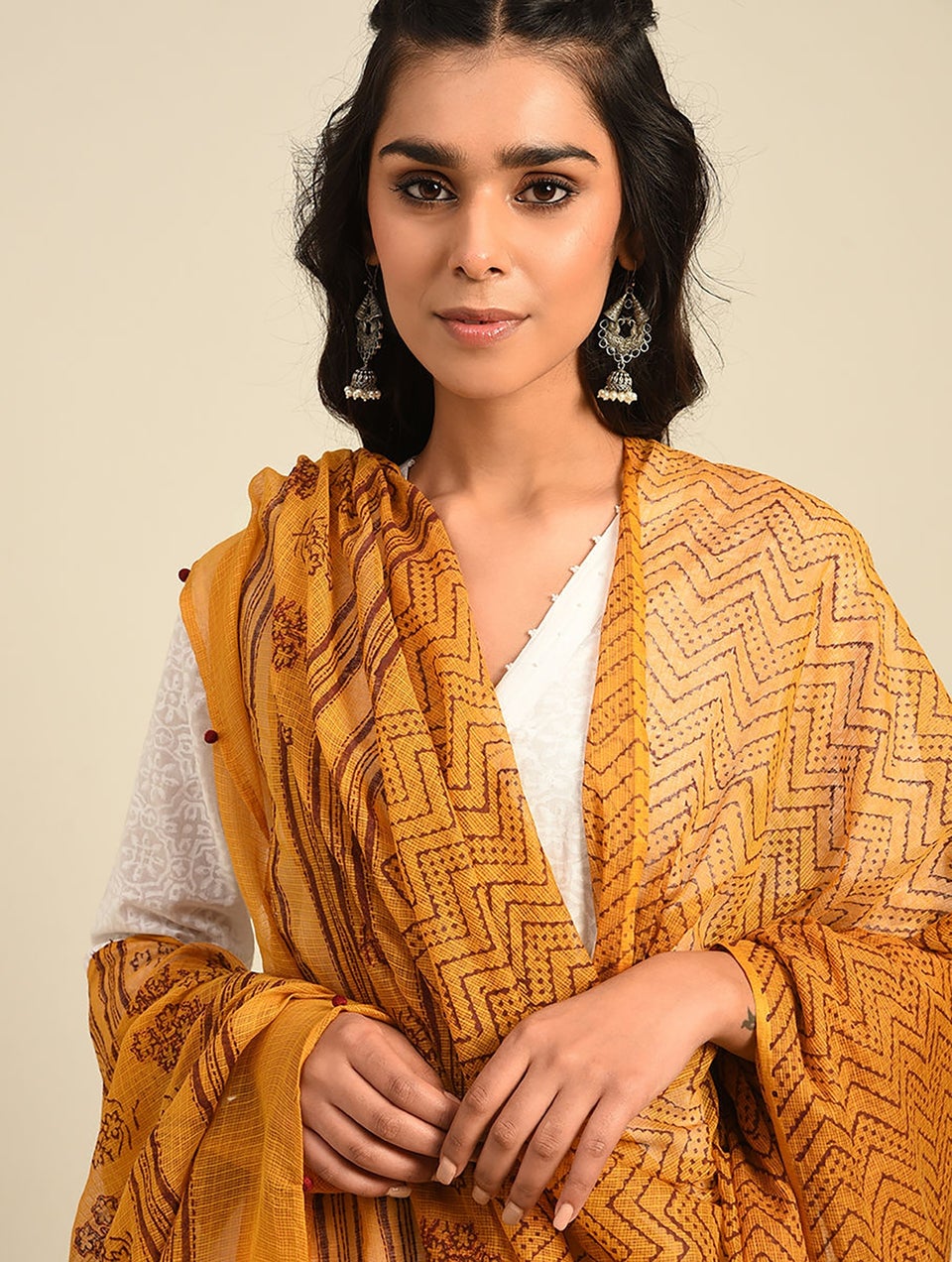 Women Orange Kota Block Print Dupatta
