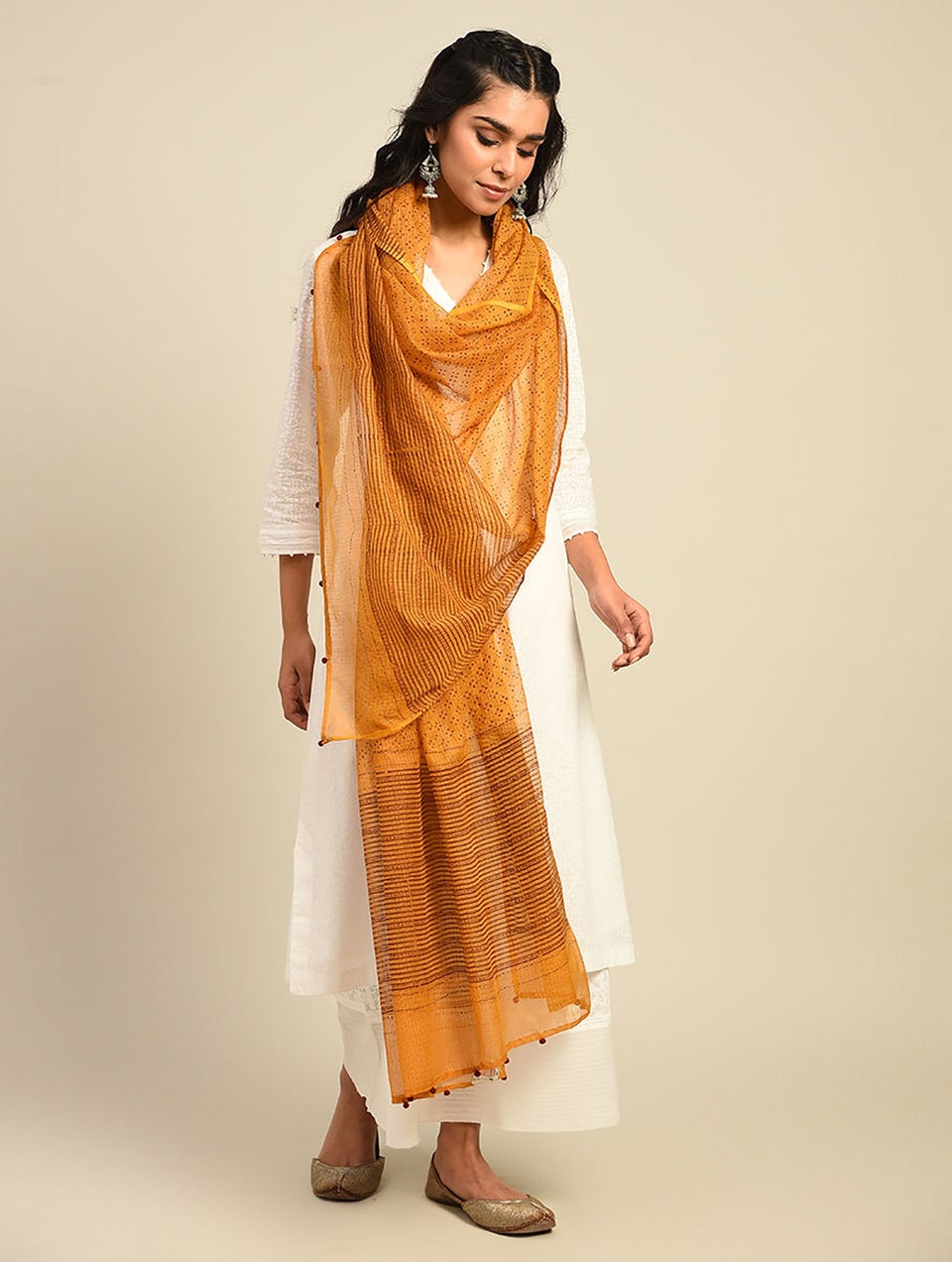 Women Orange Kota Block Print Dupatta
