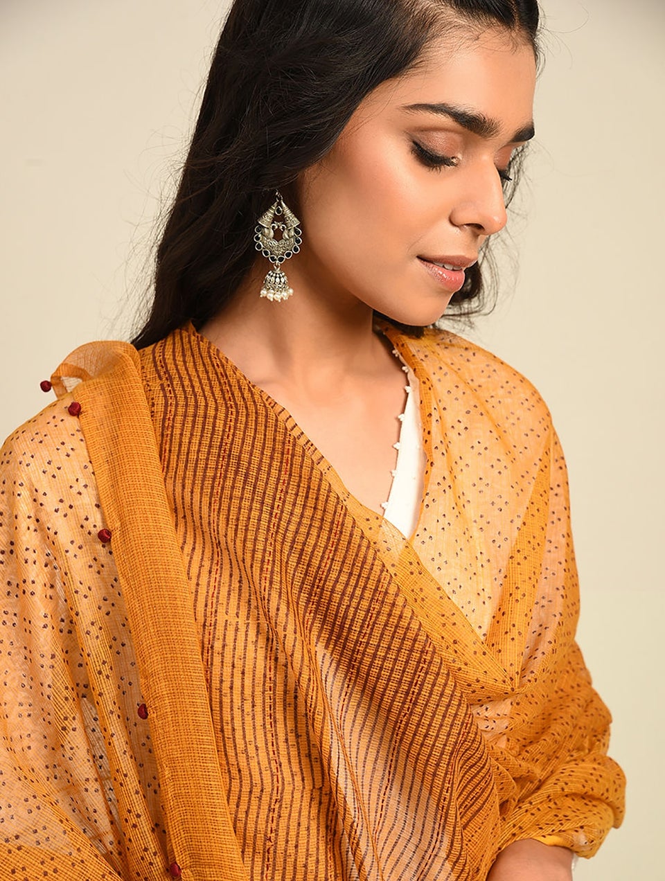 Women Orange Kota Block Print Dupatta