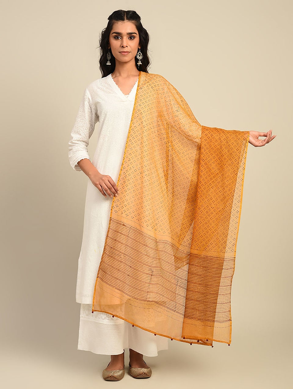 Women Orange Kota Block Print Dupatta