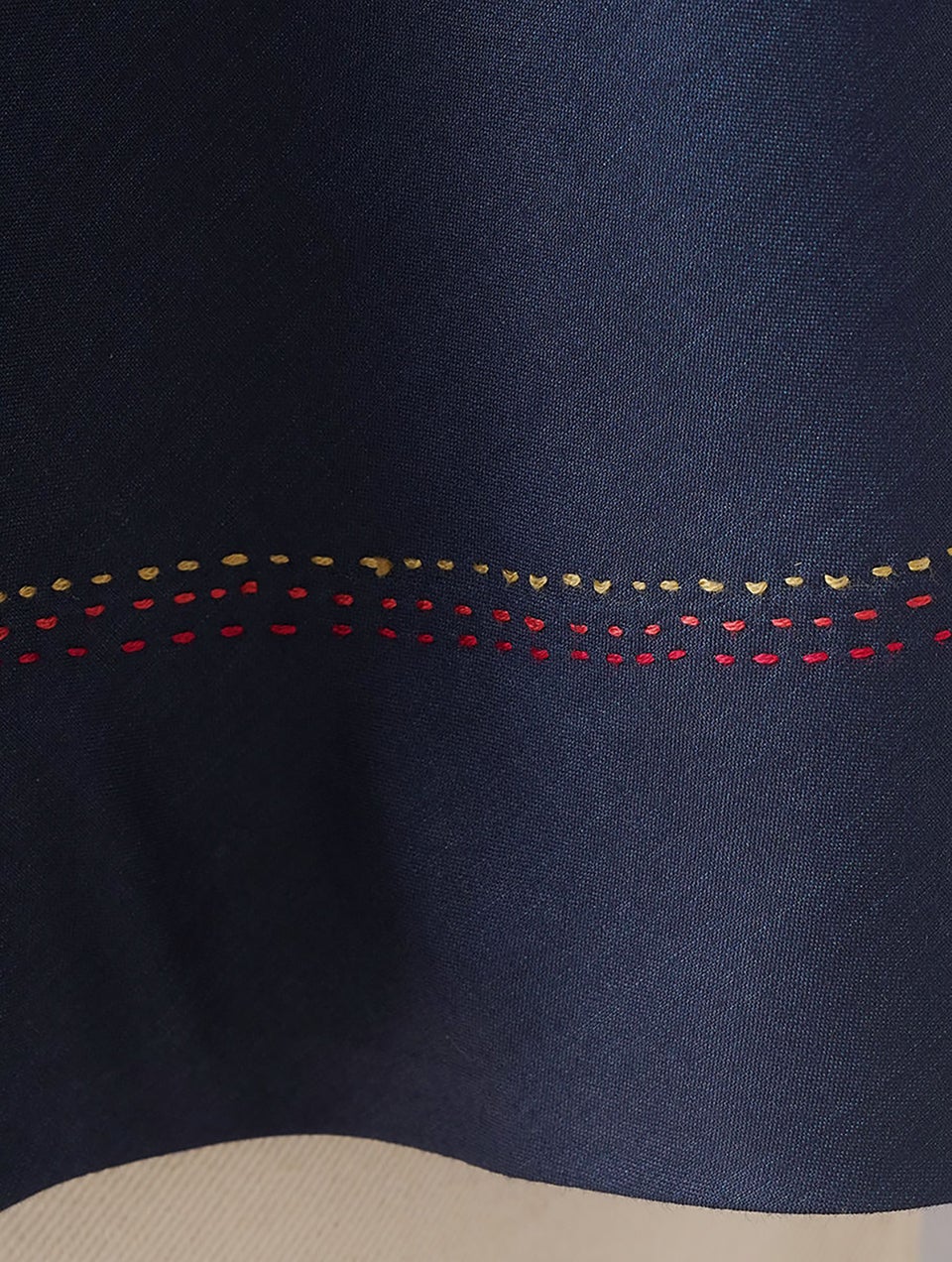 Women Navy Blue Silk Blend Embroidered Round Neck Loose Fit Tunic - XS