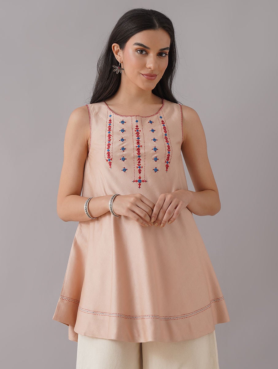 Women Nude Pink Embroidered Silk Viscose Cut Sleeve Tunic