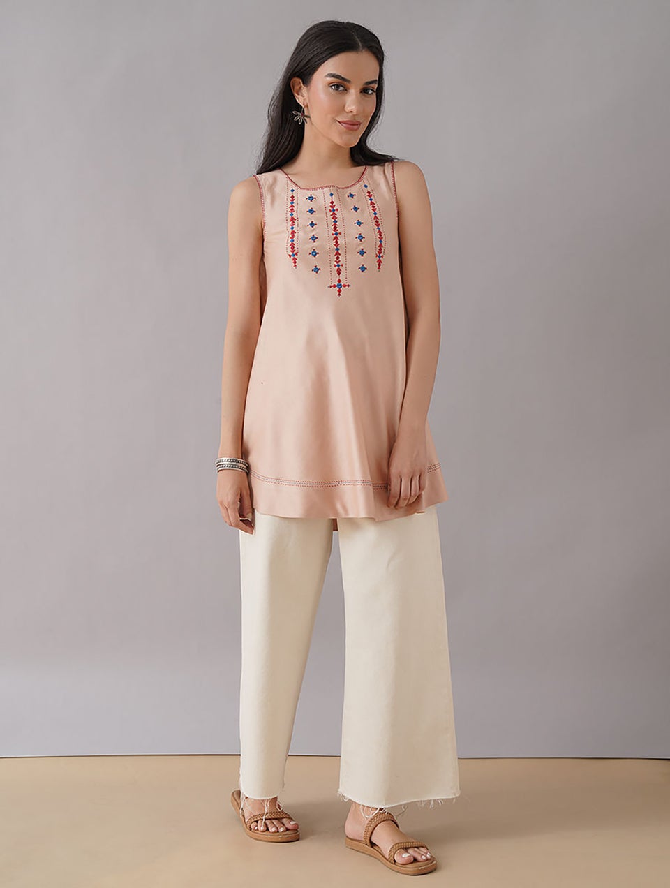 Women Red Silk Blend Embroidered Round Neck Loose Fit Tunic - XS