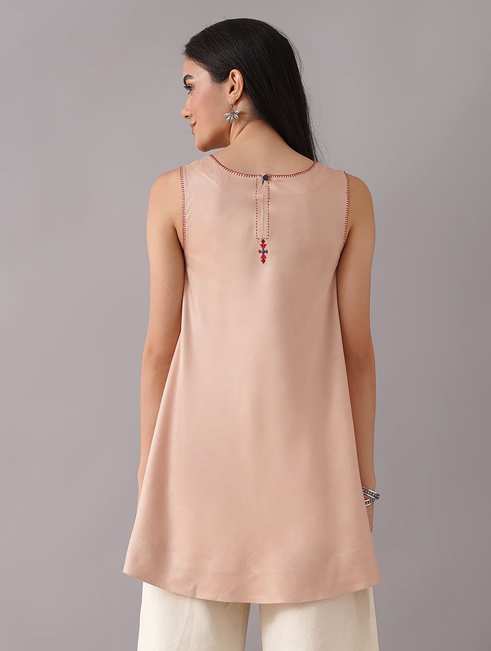 Women Nude Pink Embroidered Silk Viscose Cut Sleeve Tunic - XS