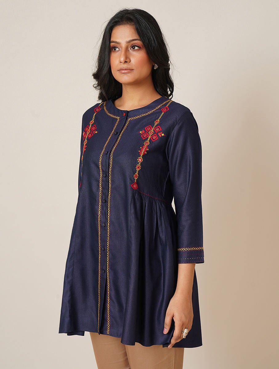 Women Blue Embroidered Silk Viscose Tunic With Gathers