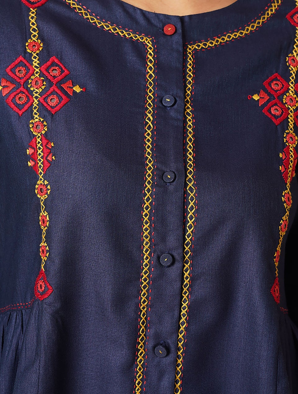 Women Blue Embroidered Silk Viscose Tunic With Gathers - XS