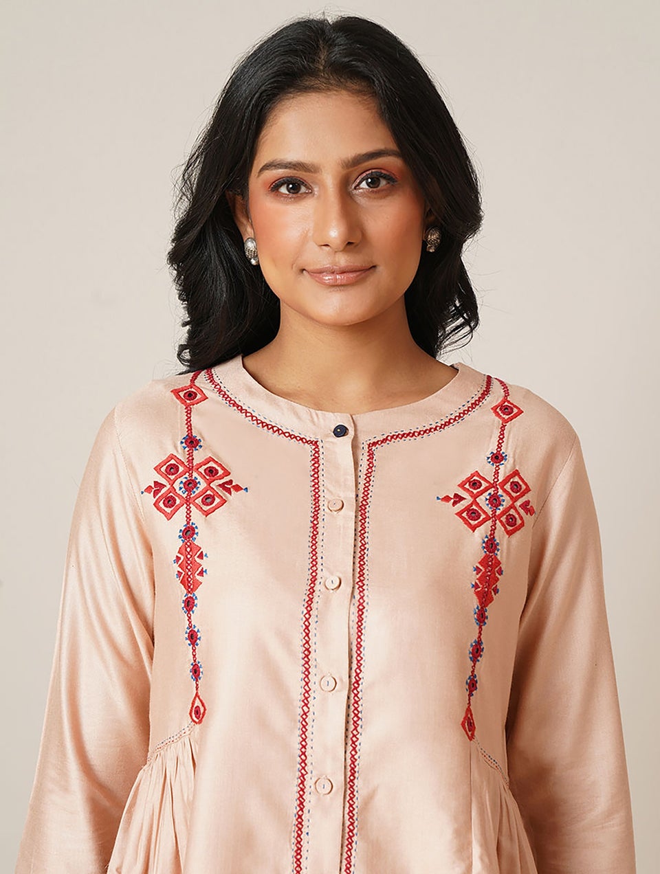 Women Rose Embroidered Silk Viscose Tunic With Gathers - XS