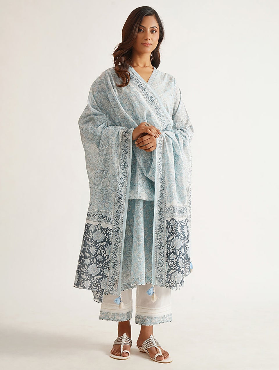 Women Blue Block Printed Cotton Dupatta