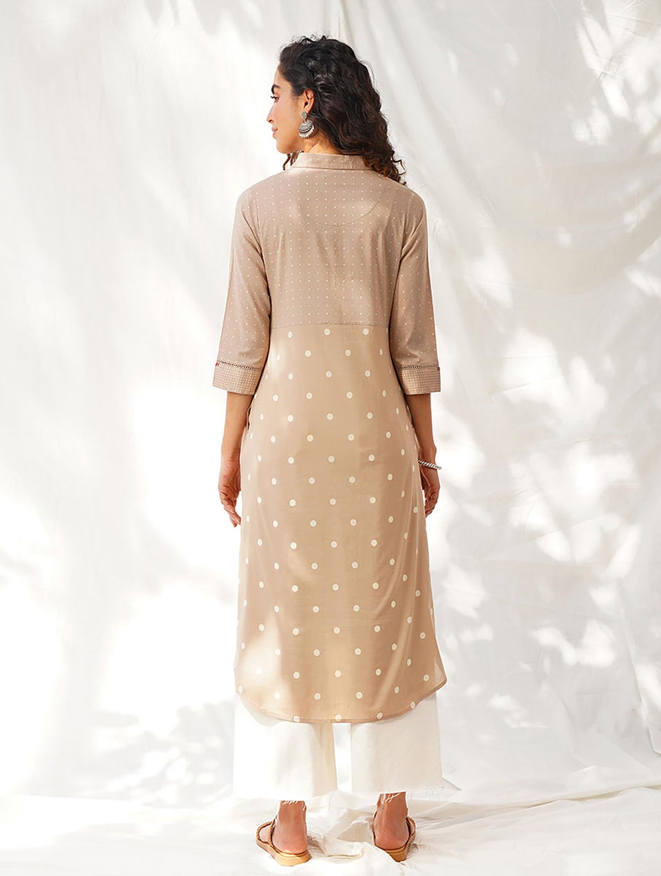Women Brown Button-Down Discharge Print Cotton Kurta Dress - XS