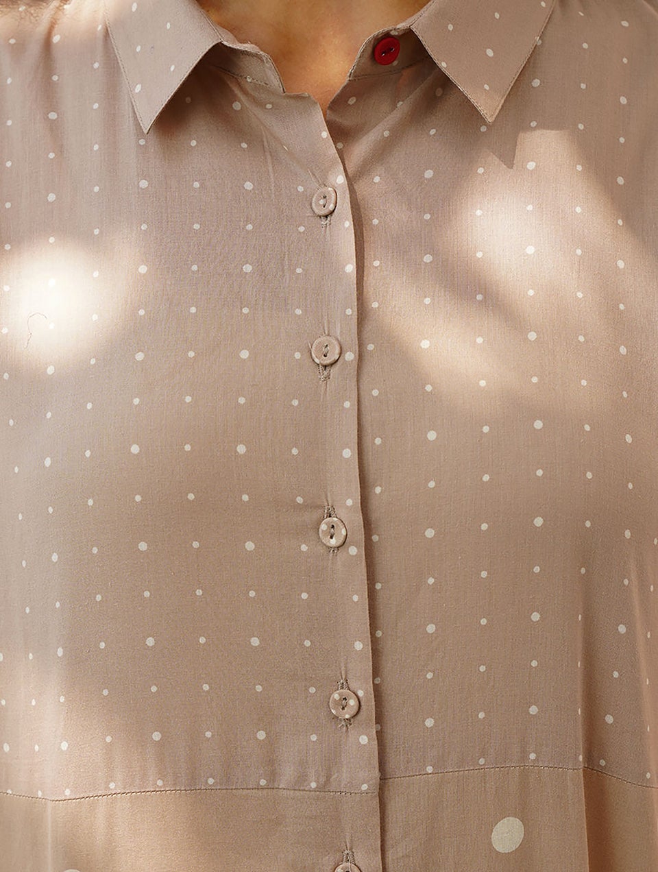 Women Nude Brown Cotton Geometrical Shirt Collar Block Print Dress - XS