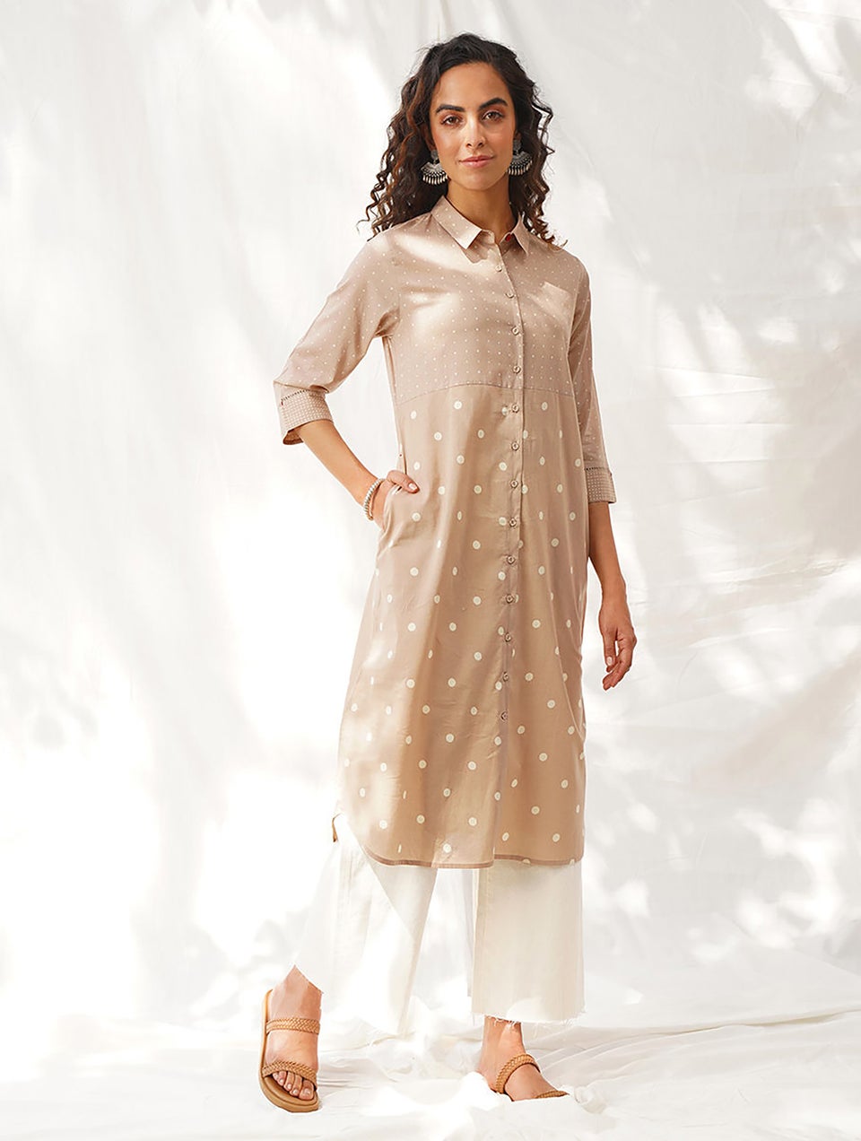 Women Nude Brown Cotton Geometrical Shirt Collar Block Print Dress - XS