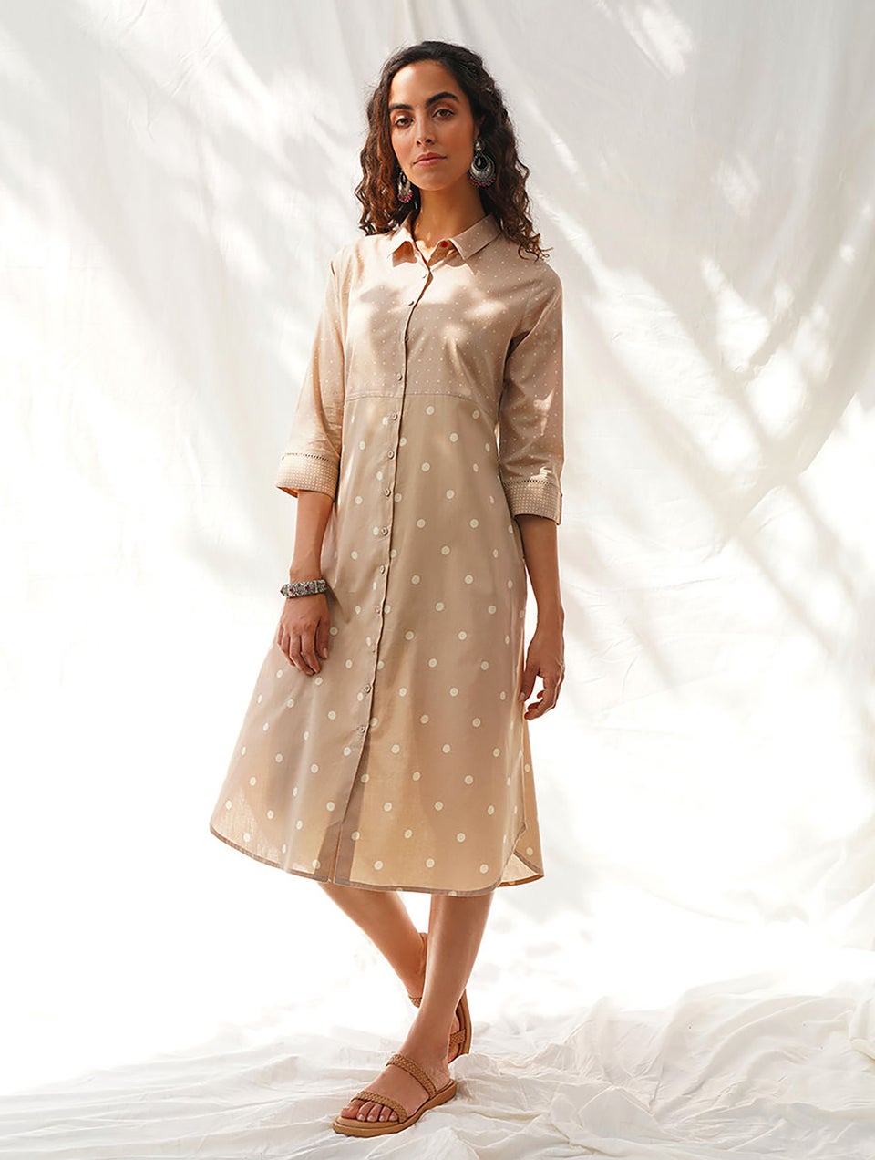 Women Nude Brown Cotton Geometrical Shirt Collar Block Print Dress - XS