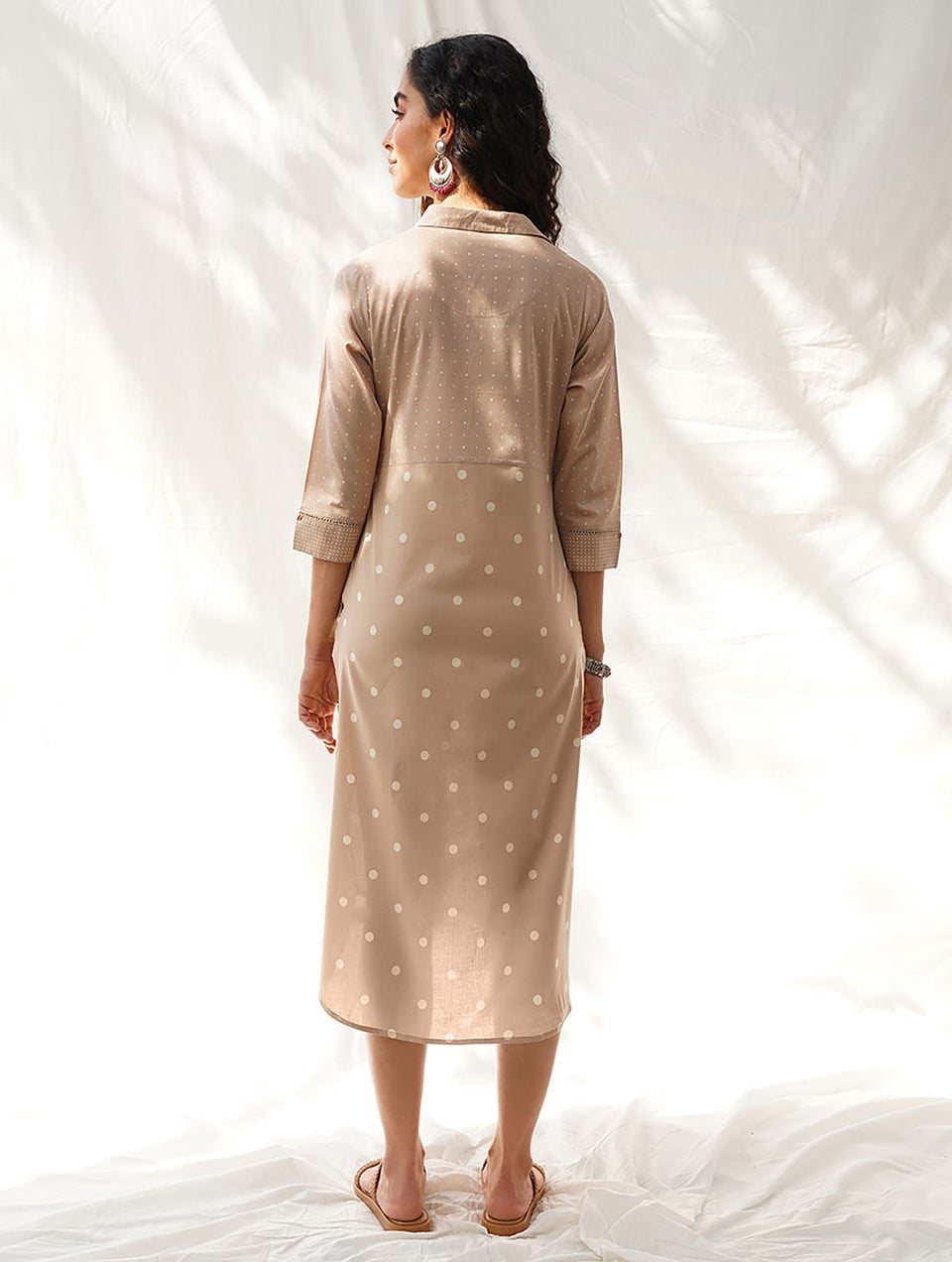 Women Nude Brown Cotton Geometrical Shirt Collar Block Print Dress - XS