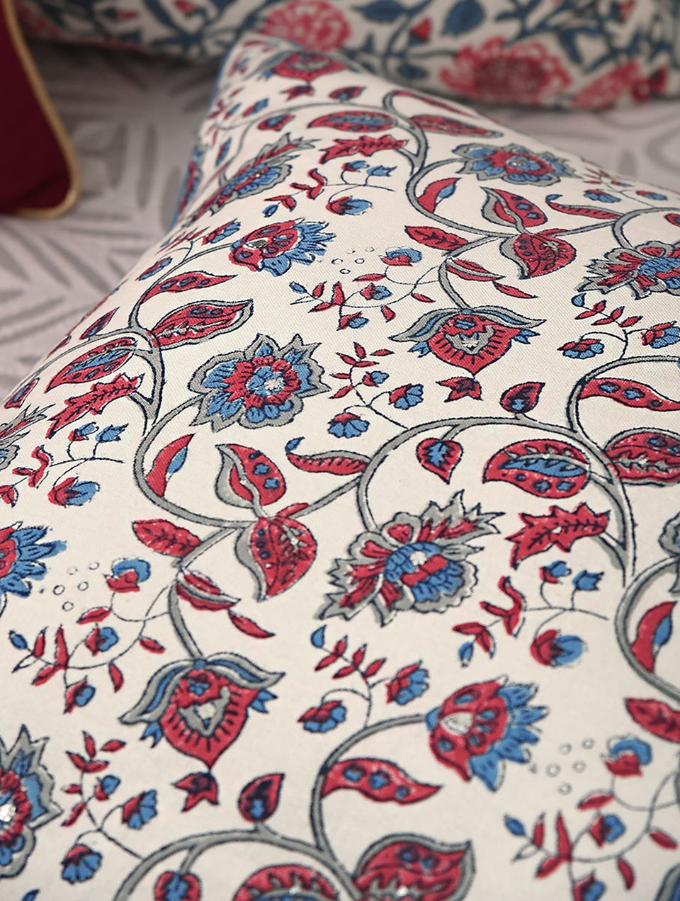 Multicolor Handblock Printed Cotton Cushion Cover with Mukhaish