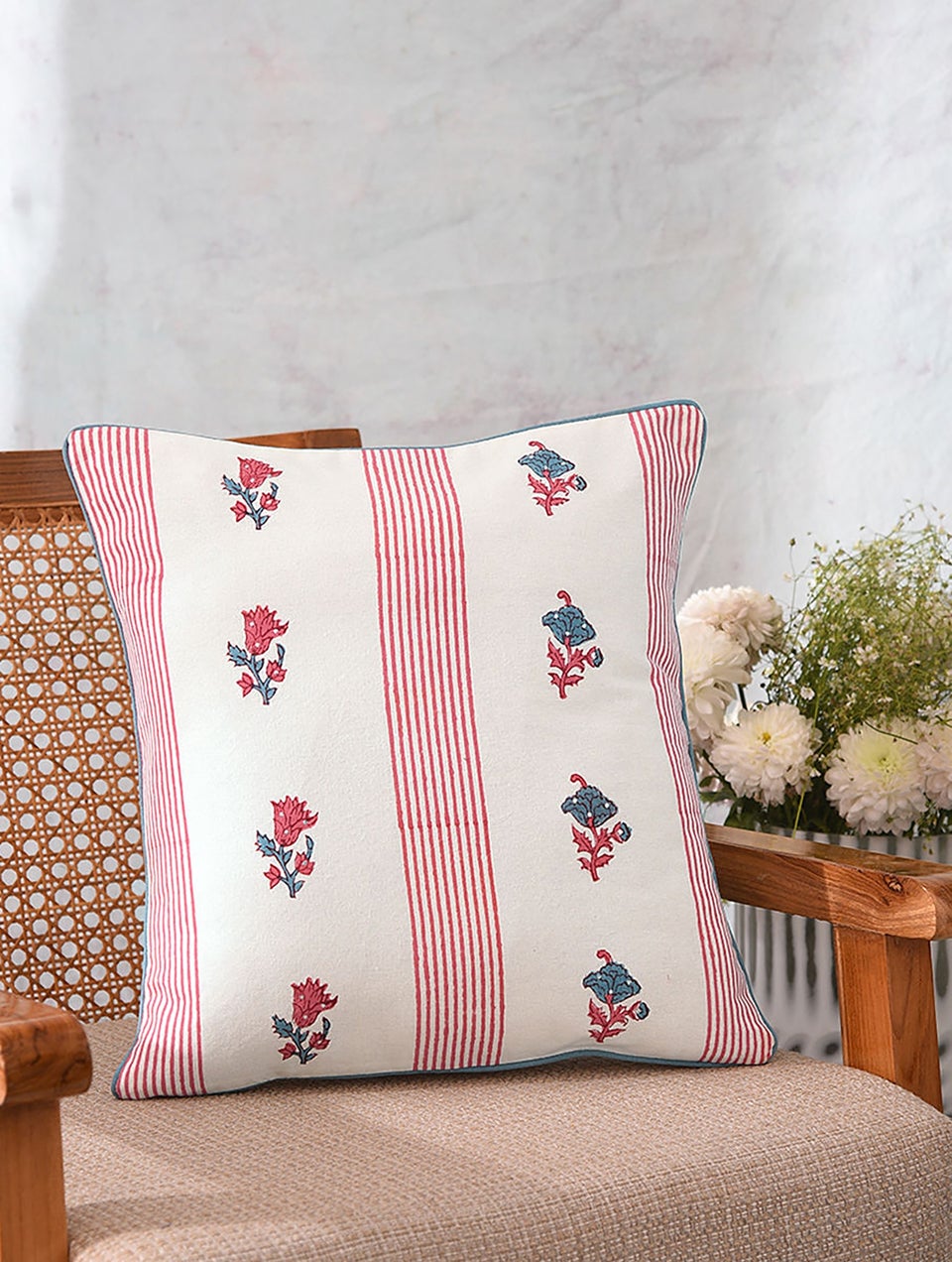 Pink Handblock Printed Cotton Cushion Cover with Mukhaish