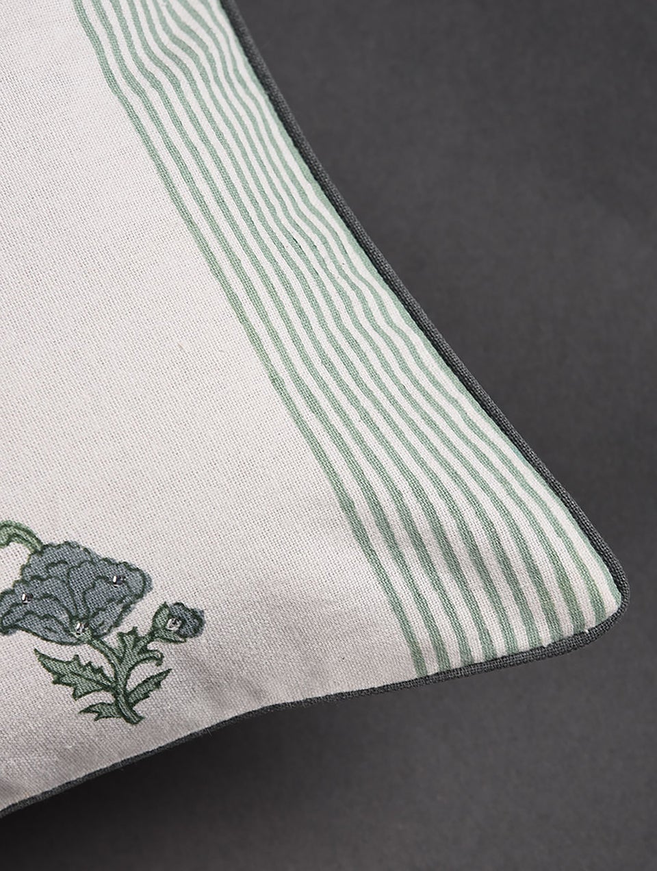 Green Handblock Printed Cotton Cushion Cover with Mukhaish