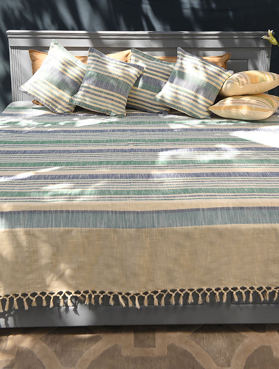 Blue And Green Handloom Cotton Stripes Cushion Cover