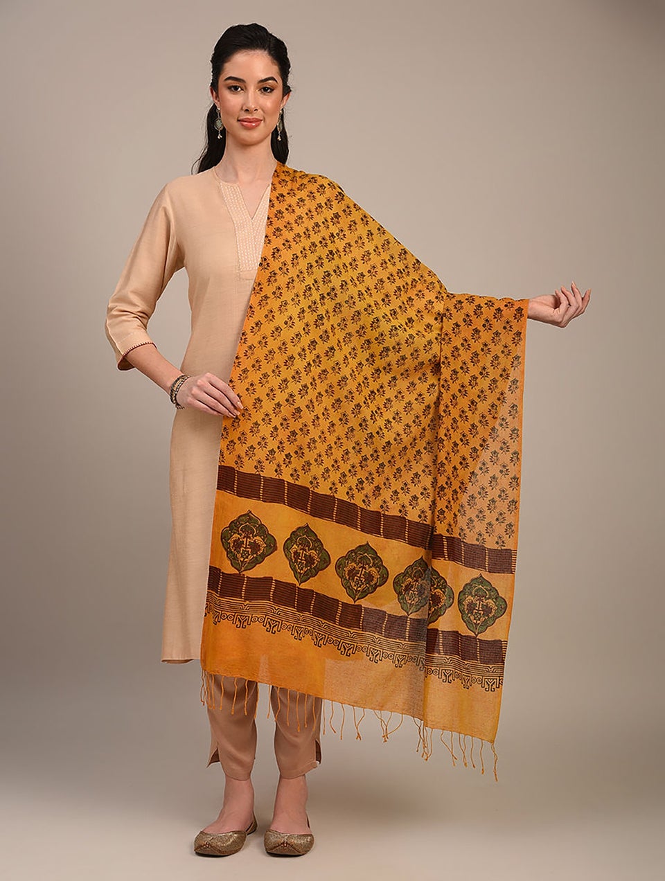 Women Yellow Ajrakh Cotton Dupatta