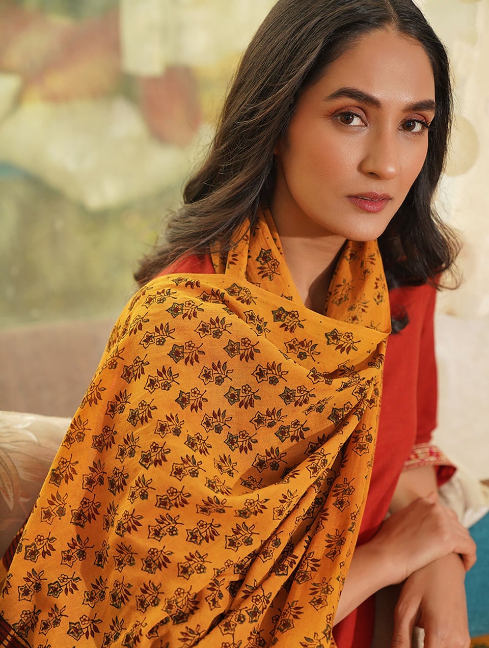Women Yellow Ajrakh Cotton Dupatta