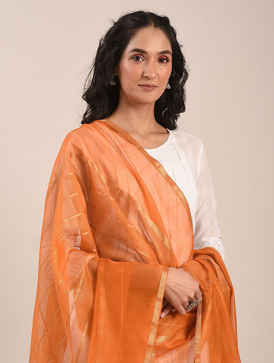 Women Orange Cotton Silk Hand Woven Dupatta