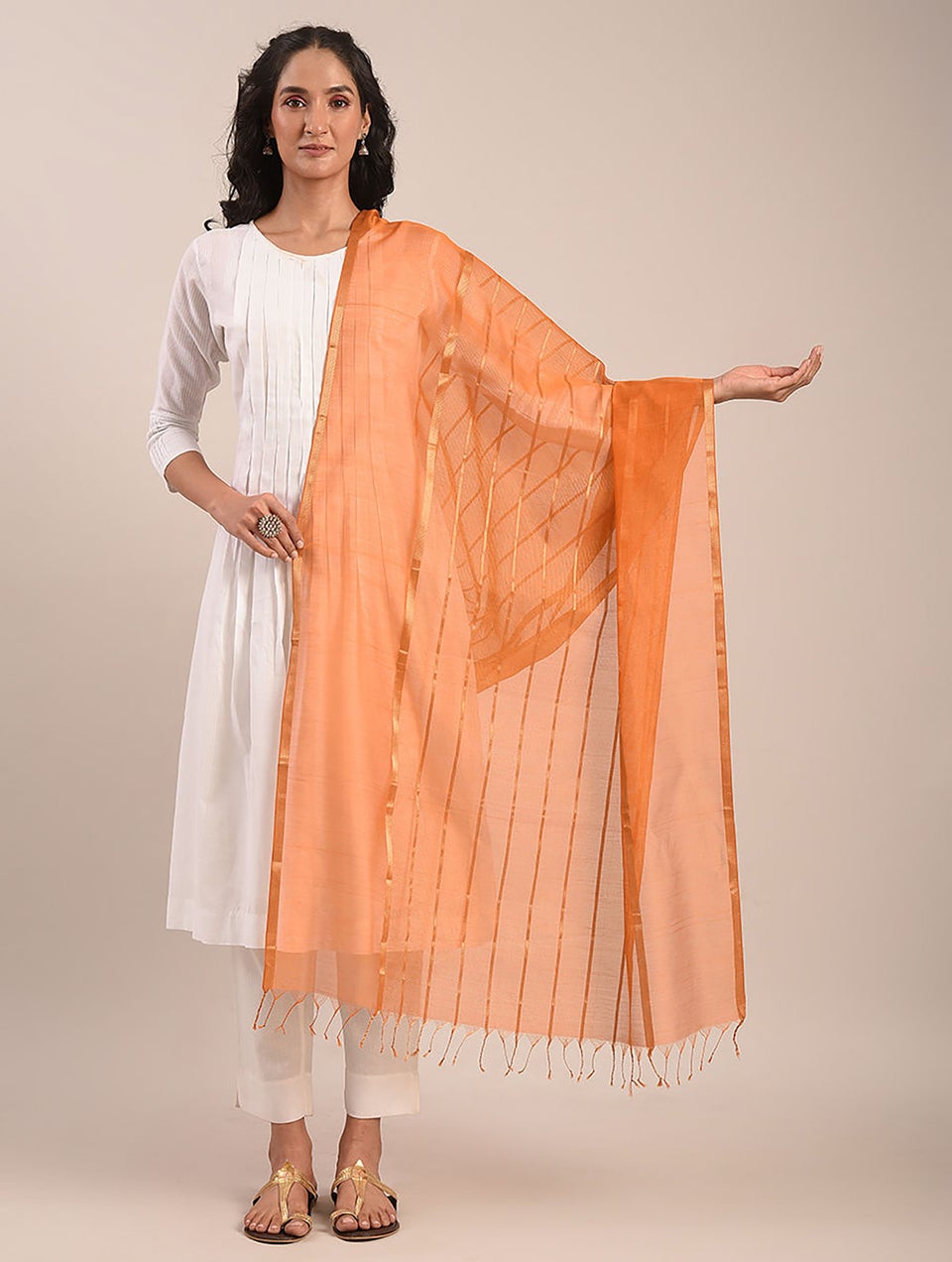 Women Orange Cotton Silk Hand Woven Dupatta