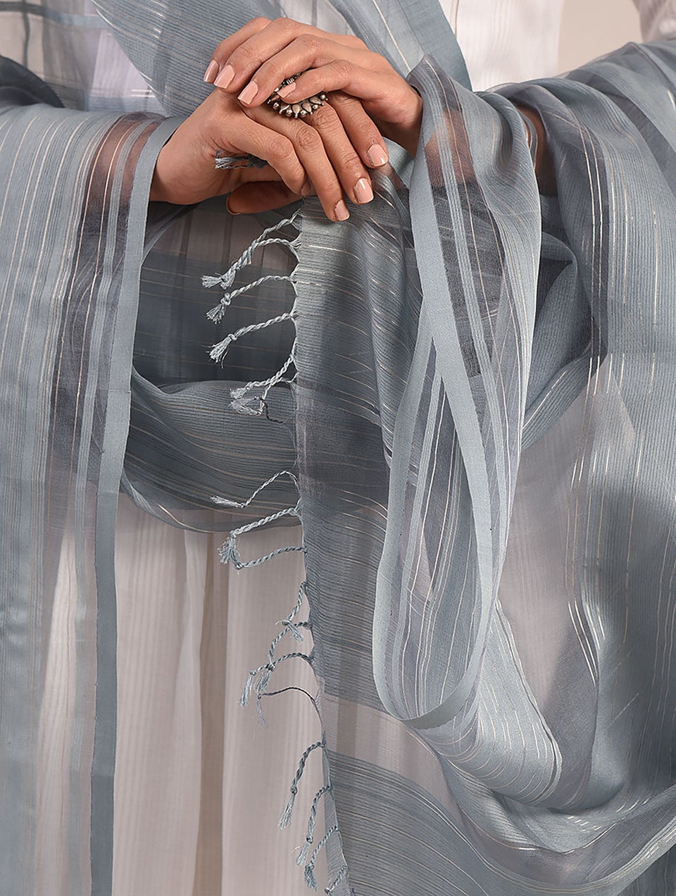 Women Grey Handwoven Silk Organza Dupatta