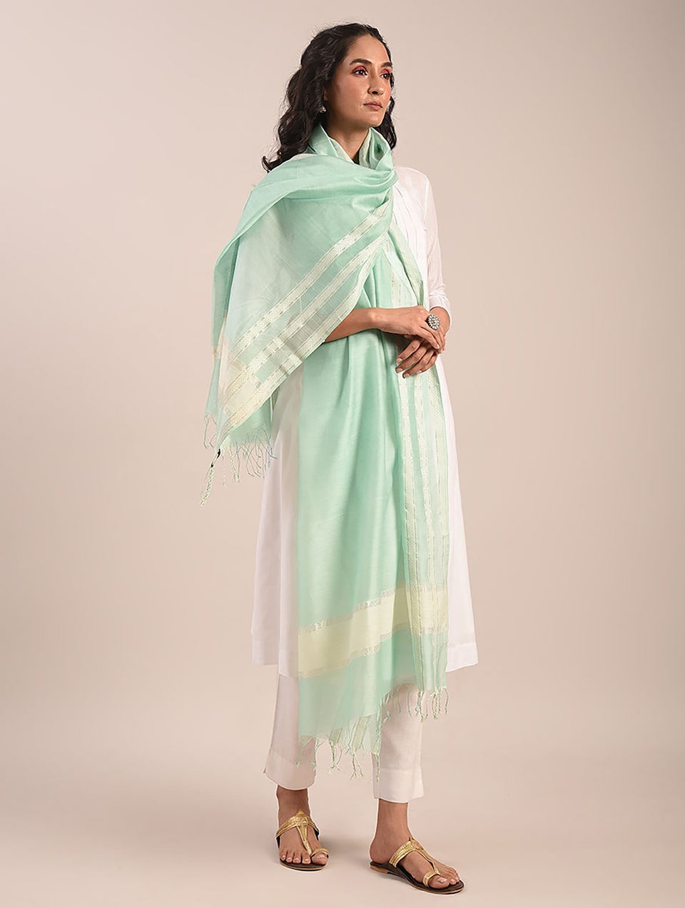 Women Light Blue Handwoven Silk Cotton Dupatta