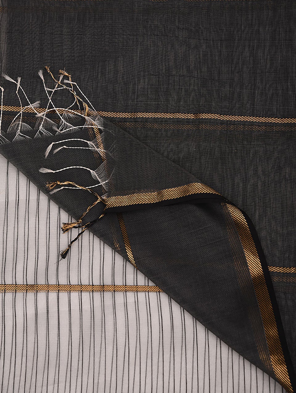 Women Black Cotton Silk Hand Woven Dupatta