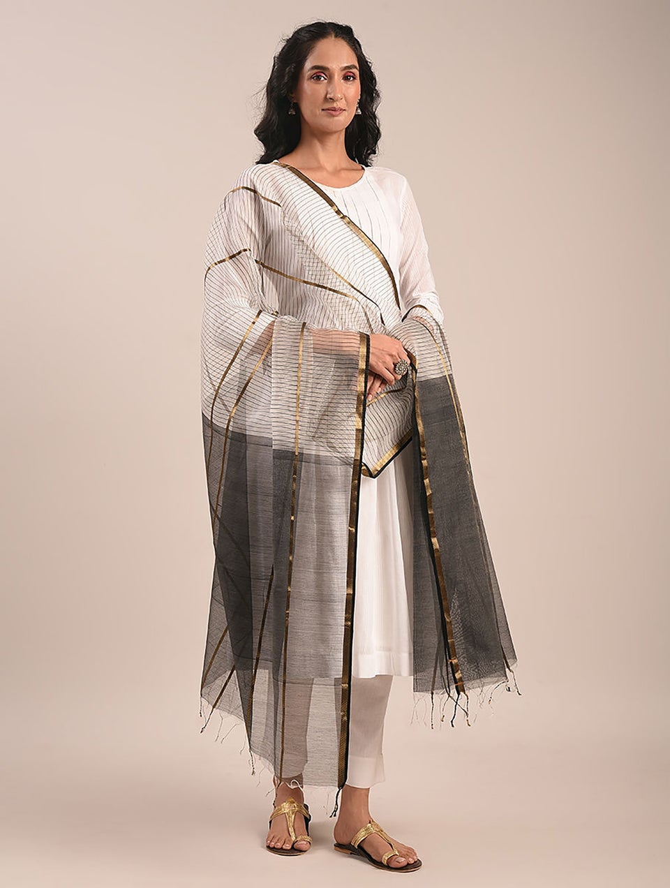Women Black Cotton Silk Hand Woven Dupatta