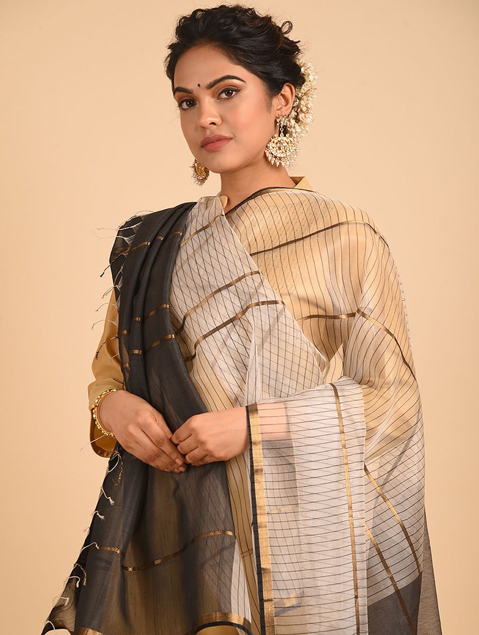 Women Black Cotton Silk Hand Woven Dupatta