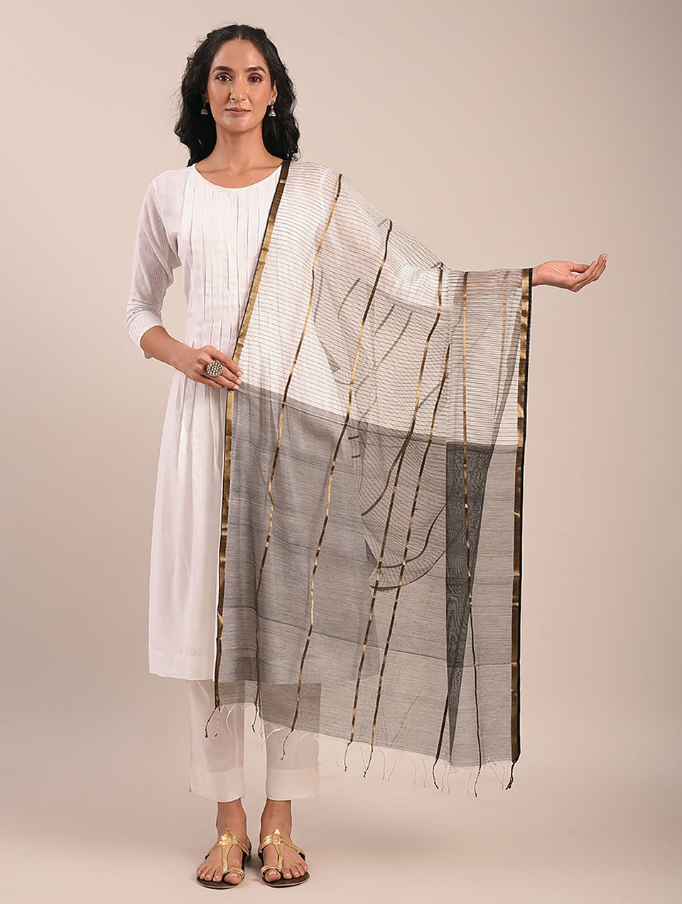 Women Black Cotton Silk Hand Woven Dupatta