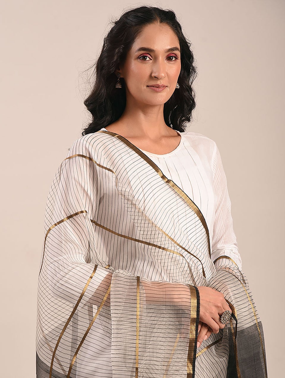 Women Black Cotton Silk Hand Woven Dupatta