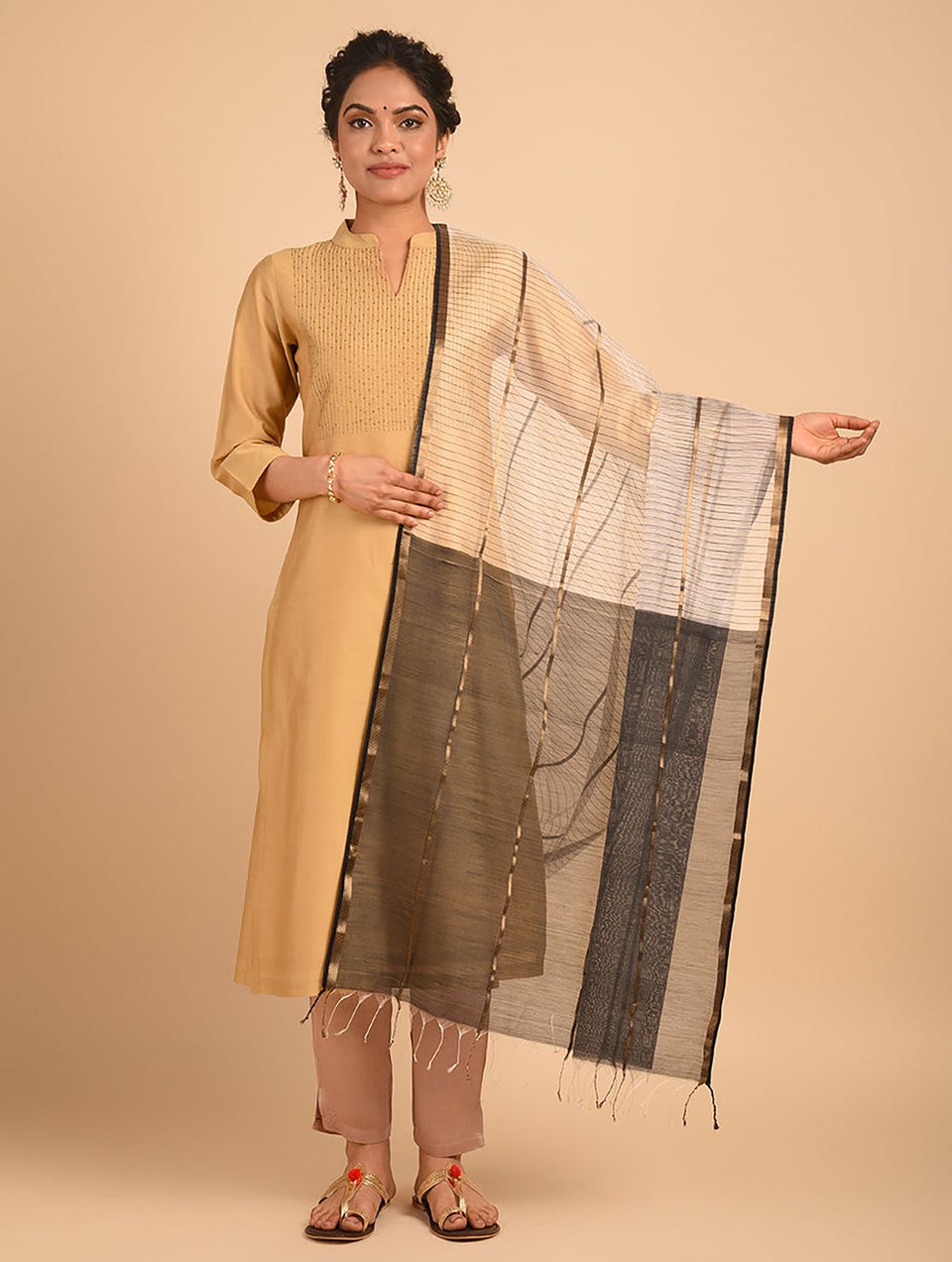 Women Black Cotton Silk Hand Woven Dupatta