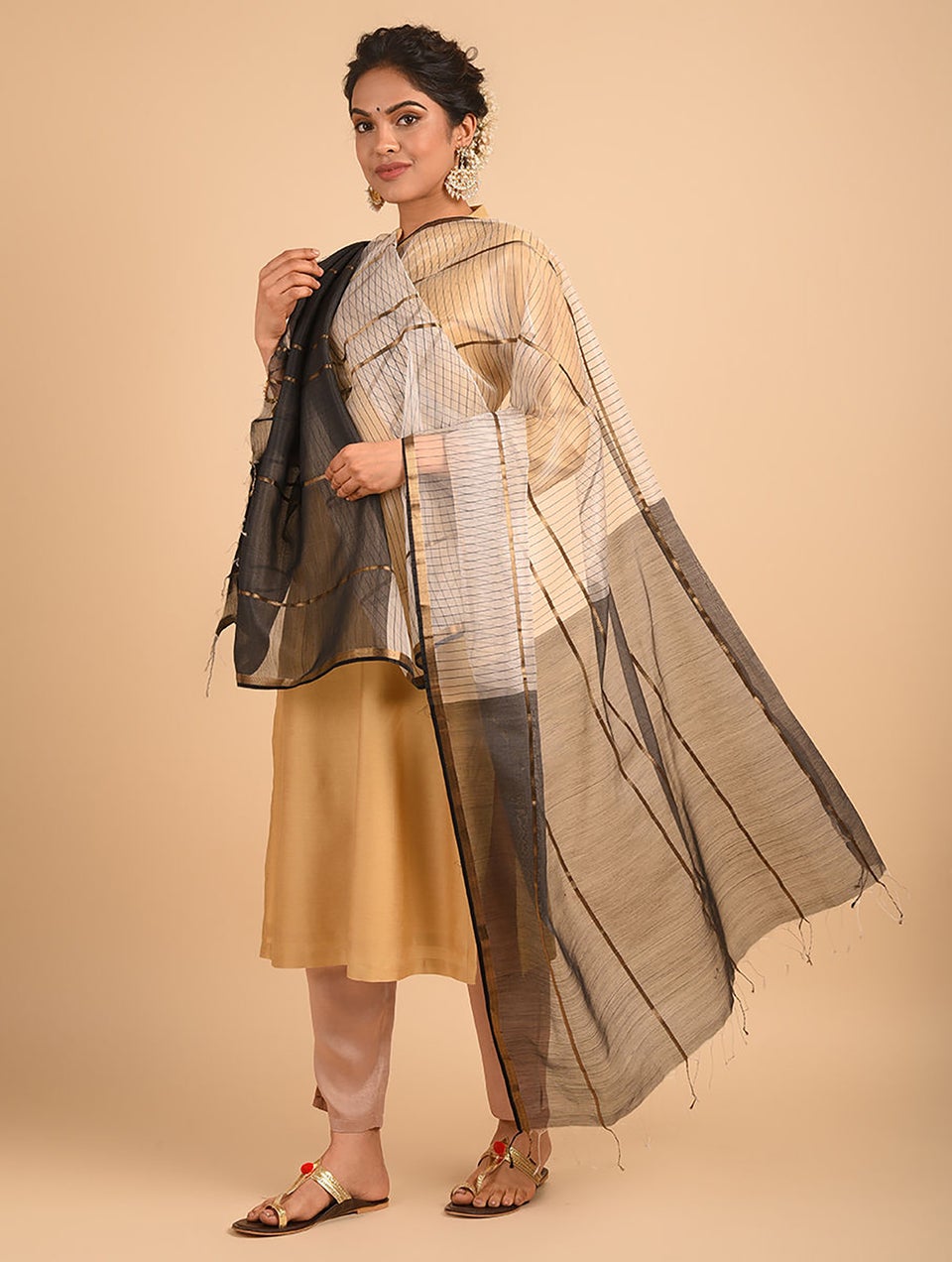 Women Black Cotton Silk Hand Woven Dupatta