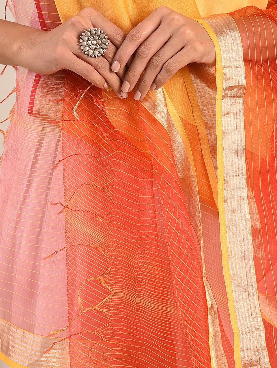Women Yellow- Red Handwoven Silk Cotton Dupatta