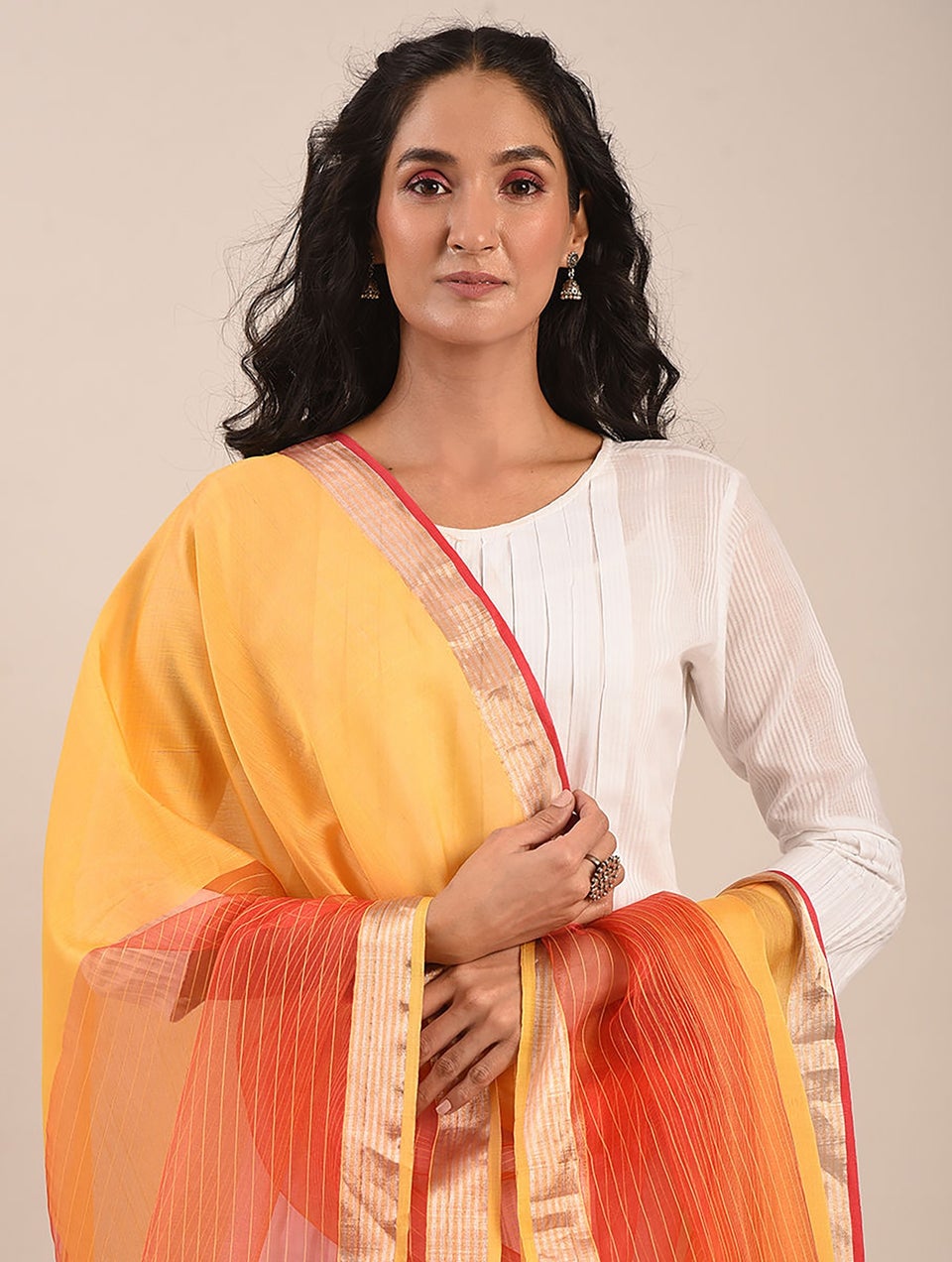 Women Yellow- Red Handwoven Silk Cotton Dupatta