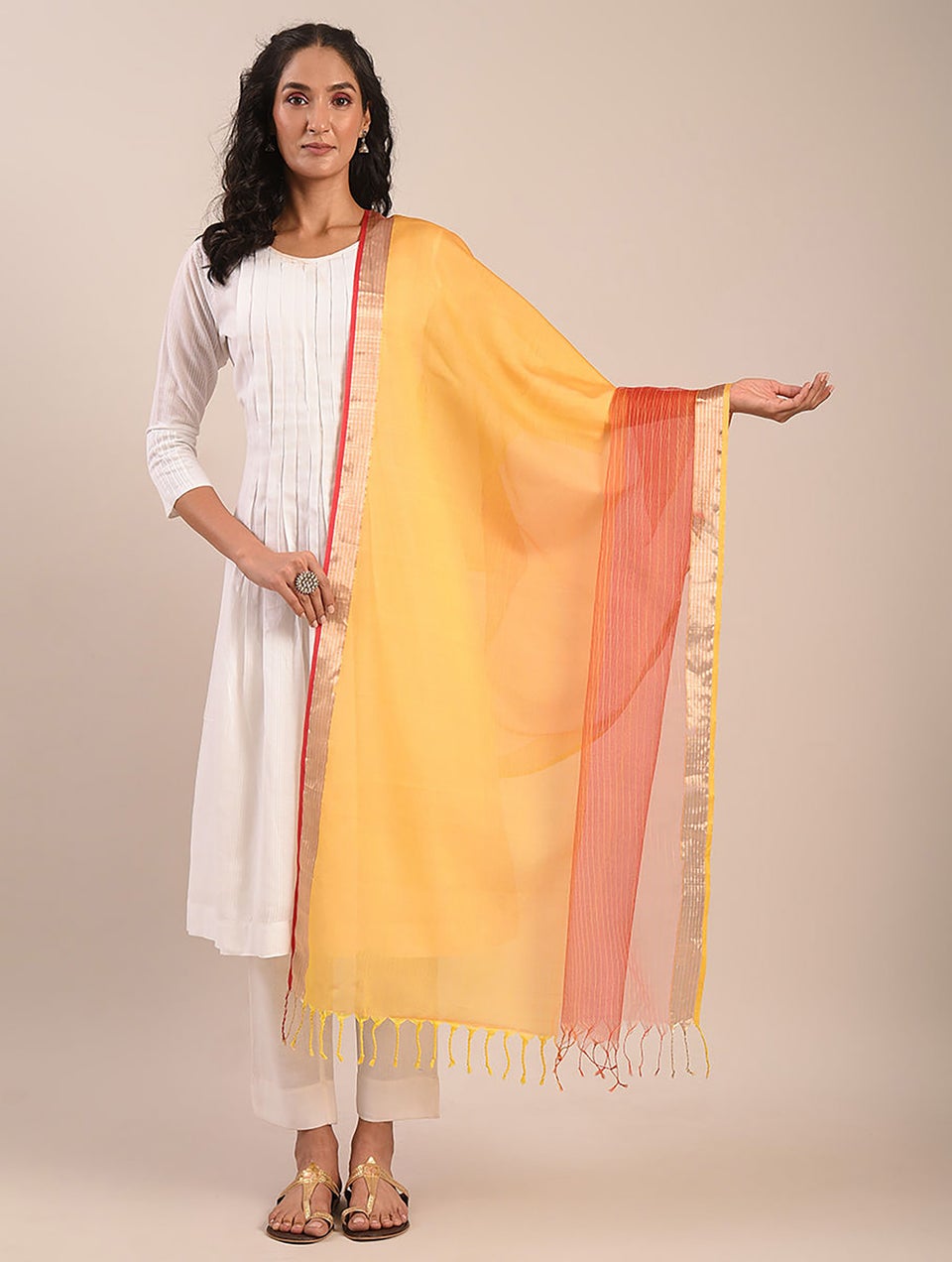 Women Yellow- Red Handwoven Silk Cotton Dupatta