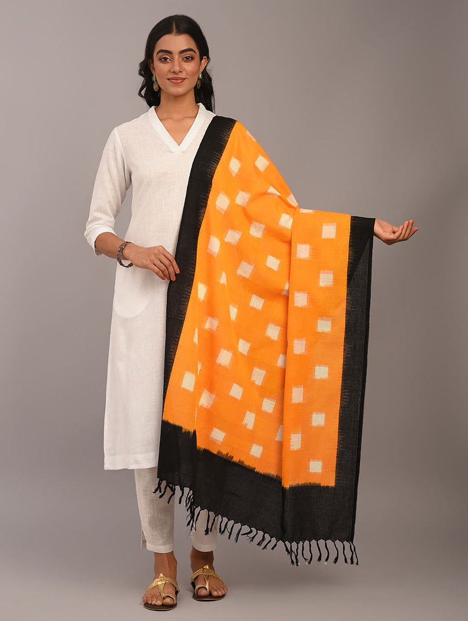 Women Orange Handloom Ikat Cotton Dupatta