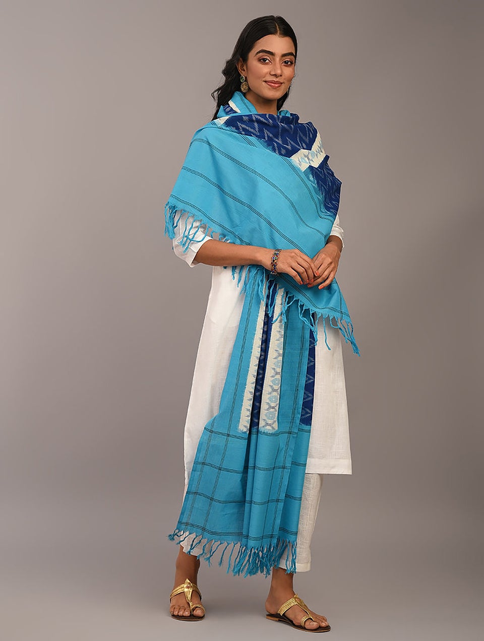 Women Blue Handloom Ikat Cotton Dupatta