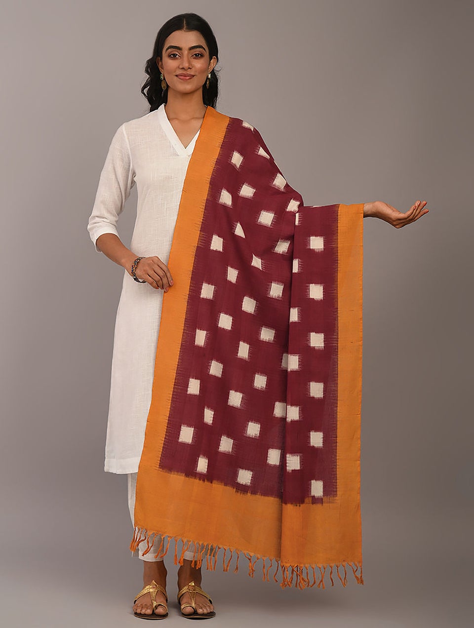 Women Red Handloom Ikat Cotton Dupatta