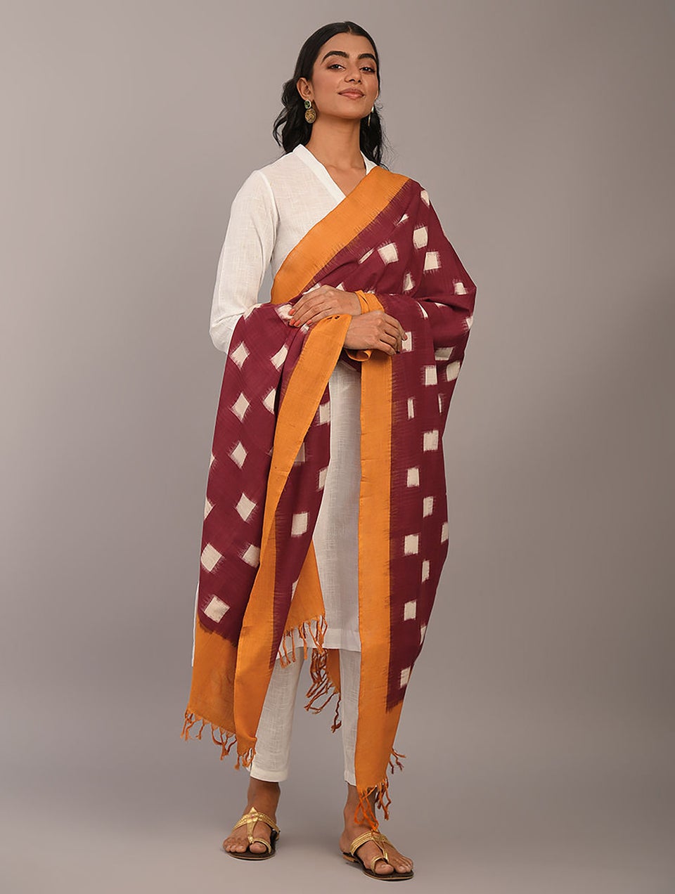 Women Red Handloom Ikat Cotton Dupatta