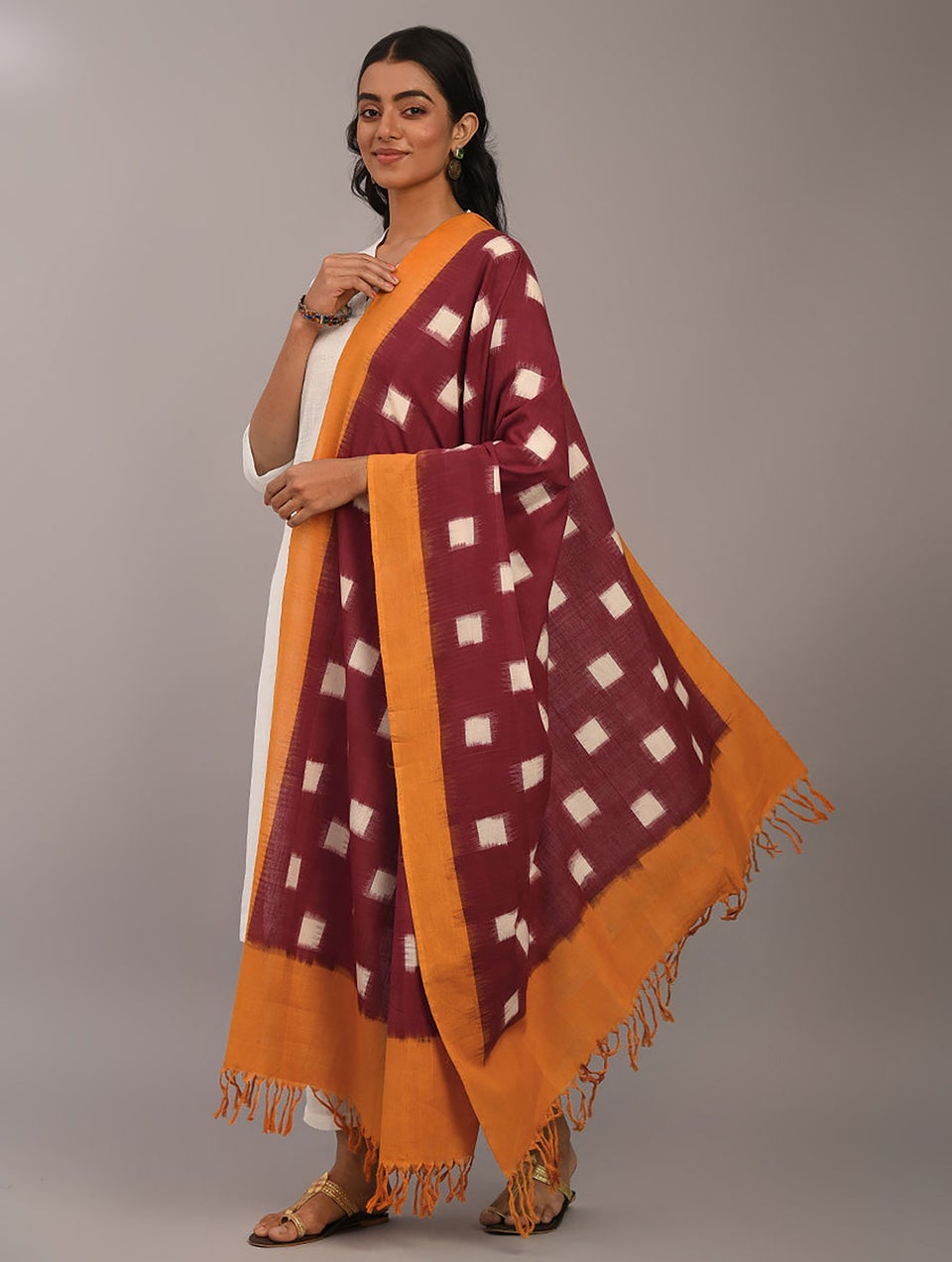 Women Red Handloom Ikat Cotton Dupatta