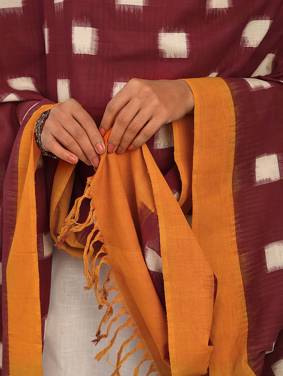 Women Red Handloom Ikat Cotton Dupatta