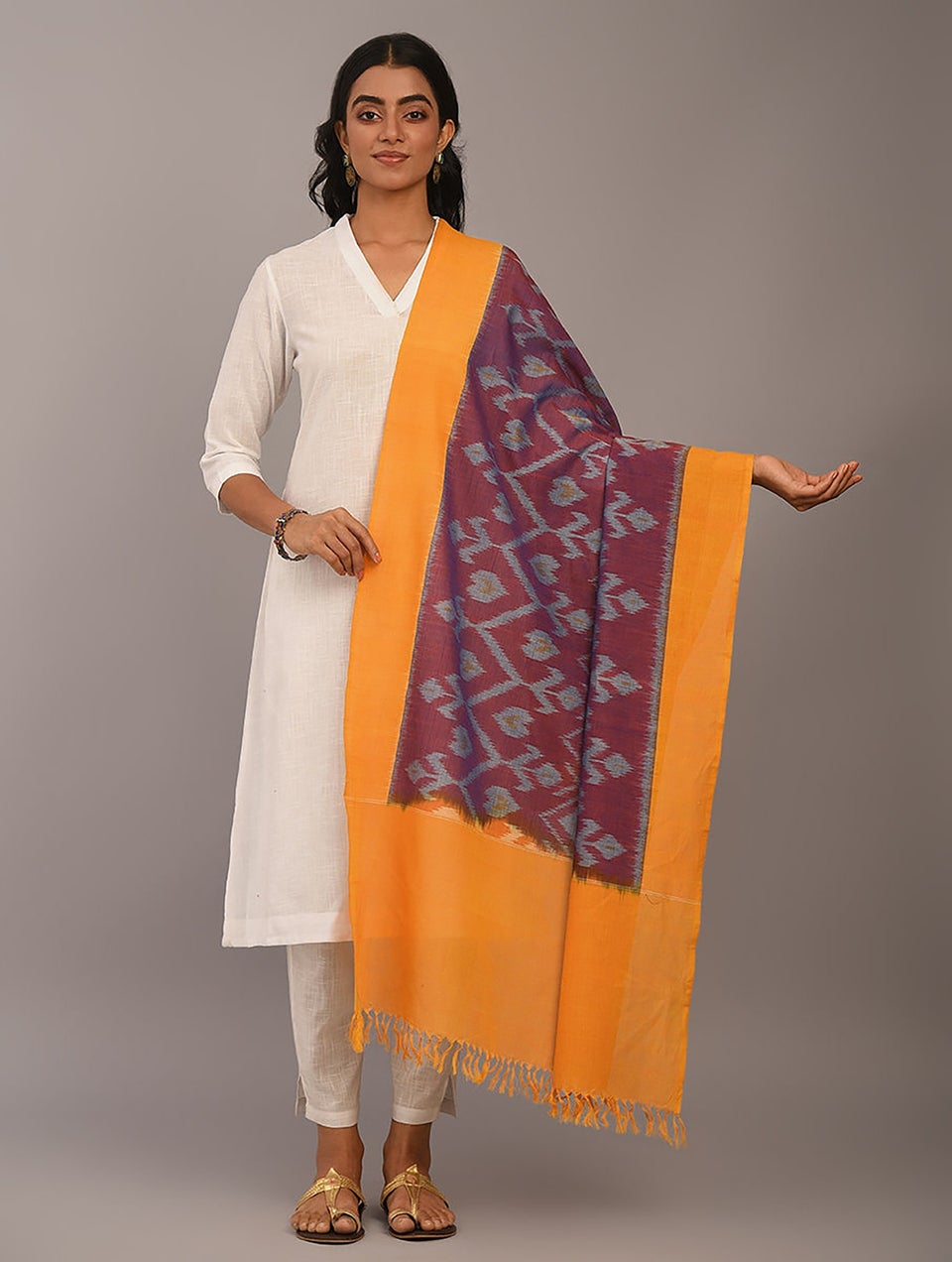 Women Purple Handloom Ikat Cotton Dupatta