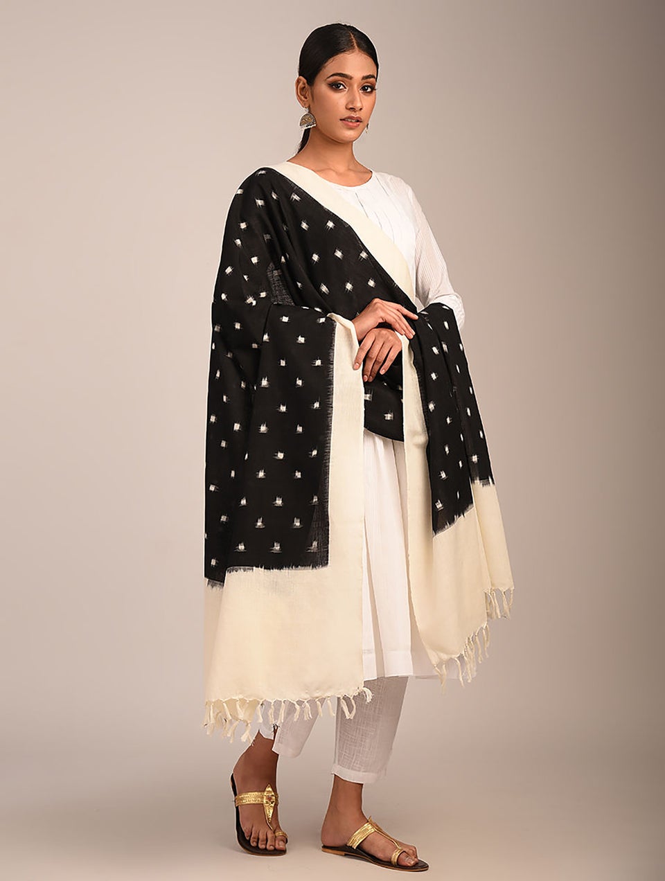 Women Black Handloom Ikat Cotton Dupatta