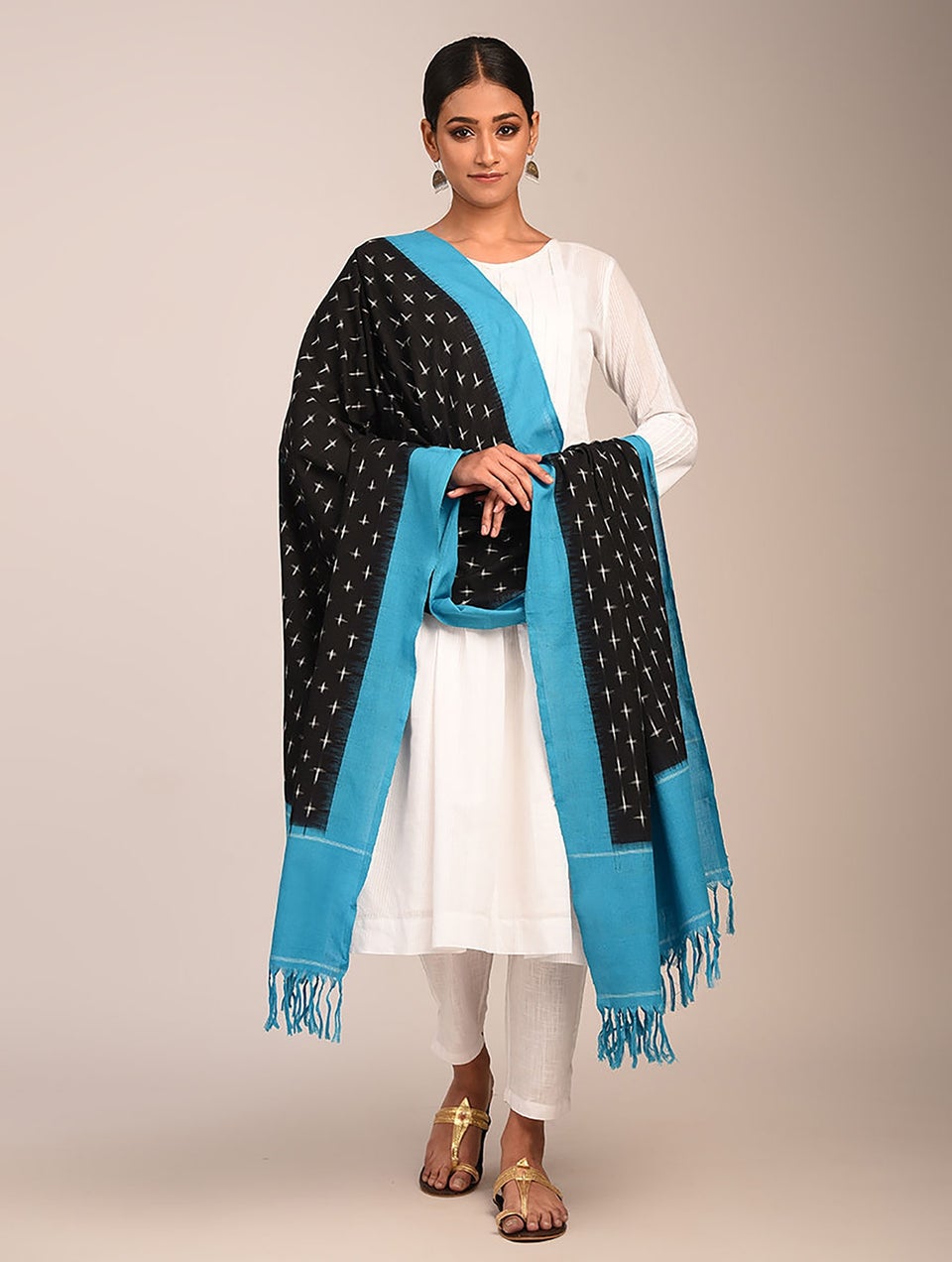 Women Black Handloom Ikat Cotton Dupatta