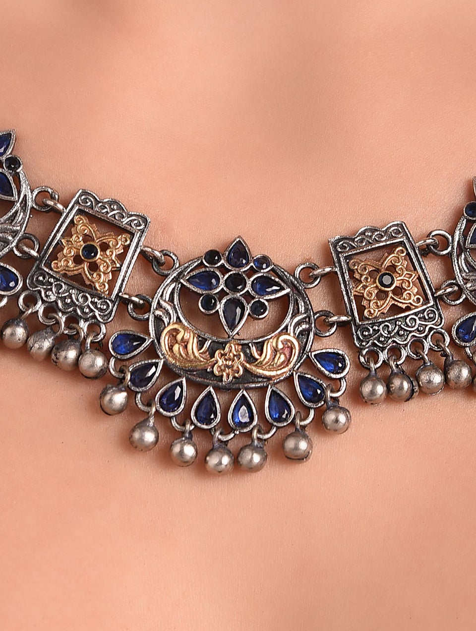 Women Blue Dual Tone Tribal Necklace Set