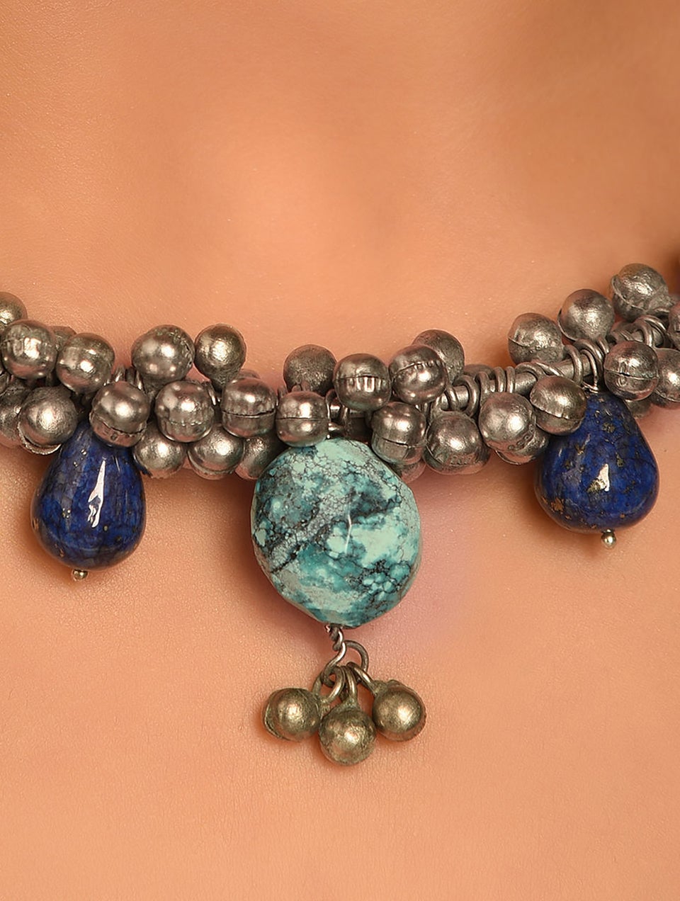 Women Blue Silver Tone Tribal Hasli Necklace